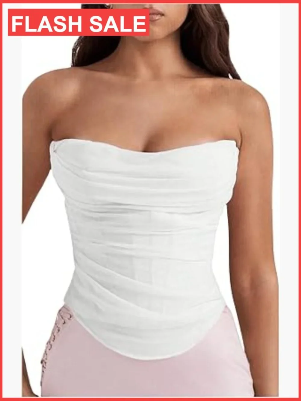 Women's Strapless Ruched Tube Top Sleeveless Bandeau Corset Top Zip